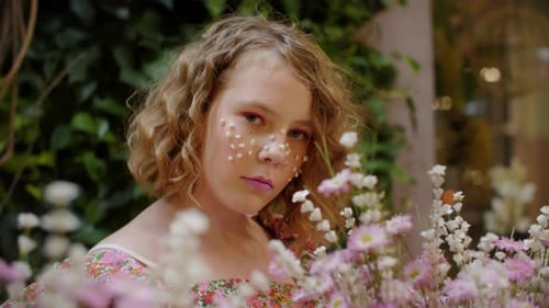 Beautiful Teen Girl with Makeup Freckles From Flowers Looking to Camera in Orangery