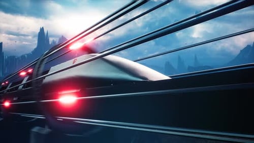 High-Speed Futuristic Train Travel Through Alien Landscape