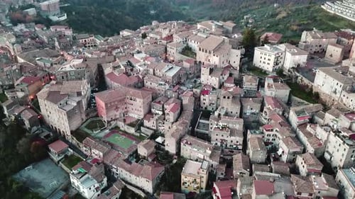 The Beautiful Town Of Anagni Italy Composed Of Unique Buildings With Green Trees Aerial Shot