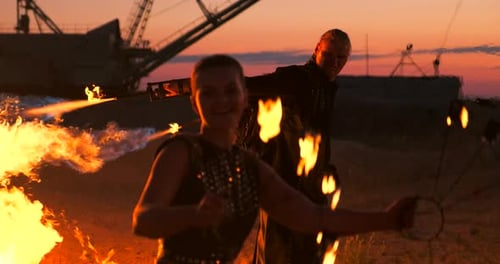 Fire Show Artist Breathe Fire in the Dark at Abandon Building Slow Motion