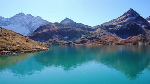 Beautiful View Of The Turquoise Lake Weissee In Hohe Tauern, Austria - aerial drone shot