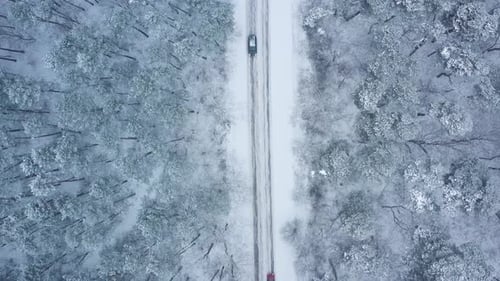 Top View of Traffic on a Road Surrounded By Winter Forest in Snowfall