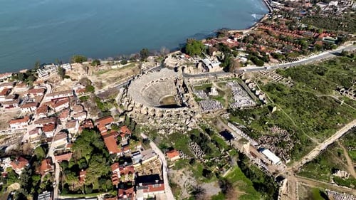 Aerial Footage of the Antique Theater 4 K . Side, Turkey