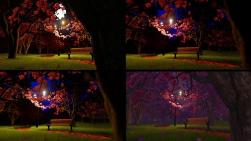 Fantasy Night Park with Glowing Sakura Trees and Falling Petals