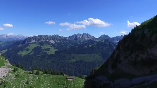 Aerial drone view of a scenic mountain valley