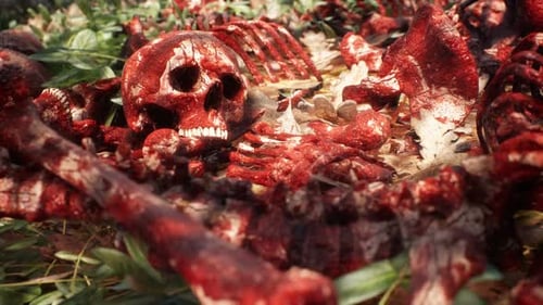 Gruesome Bloody Human Skeleton and Rib Cage on Forest Floor