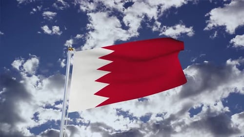 Bahrain National Flag Waving with Realistic Clouds