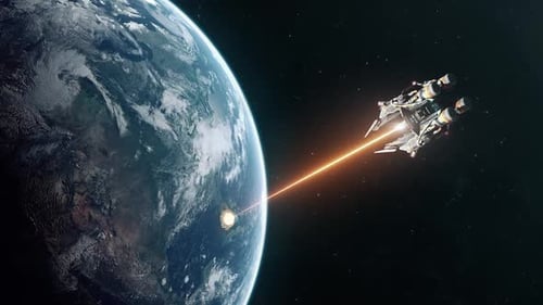 Futuristic Spaceship Attacks Planet Earth with Laser