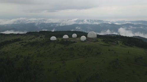 Aerial shot of abandoned Soviet radar station in Carpathian mountains