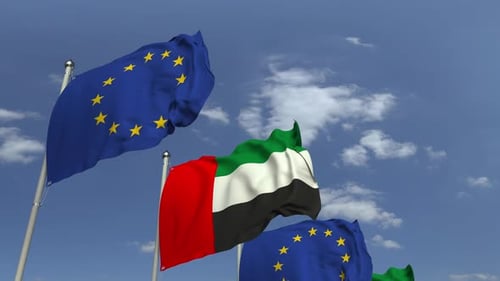 Waving Flags of United Arab Emirates and European Union