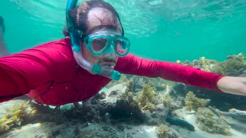 Man in an Underwater Mask is Snorkeling in Clear Water