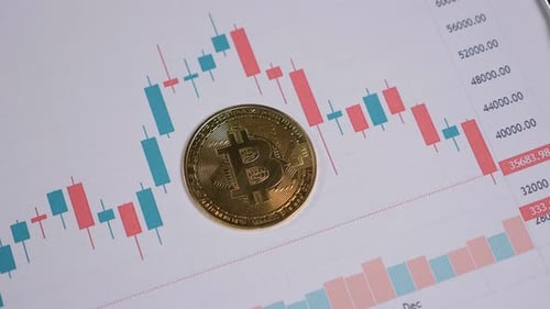 Bitcoin Gold Coin and Growth and Fall Graphs of Investment Stock Market