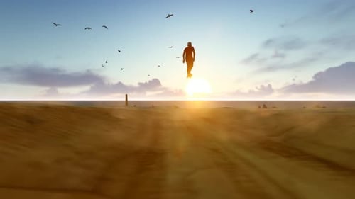 Floating Person Over Desert Landscape at Sunset