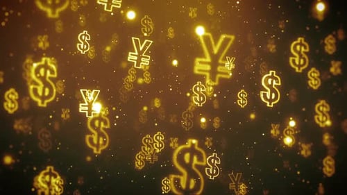 Golden Dollar and Yen Symbols Falling Loop Background