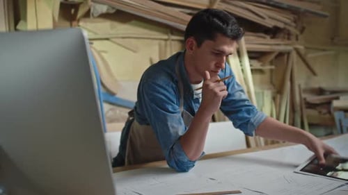 Man Studies Blueprints and Tablet in Woodshop
