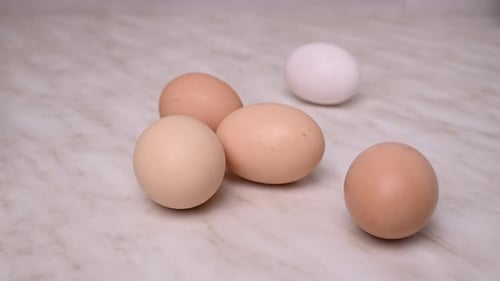 Se
enrollan cuatro huevos marrones y un huevo blanco. Alimentos orgánicos para la salud de las personas