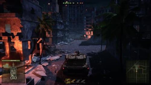 Military Tank Patrols Destroyed Urban Warzone
