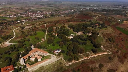 View From Drone of Ancient Ruins Monastery and Beautiful Green Fields