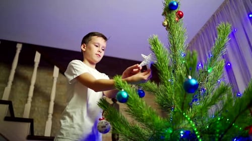 Boy Decorates Christmas Tree with Ornaments Indoors