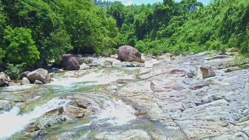 Aerial Close Panorama of Mountain River Rapids in Tropics