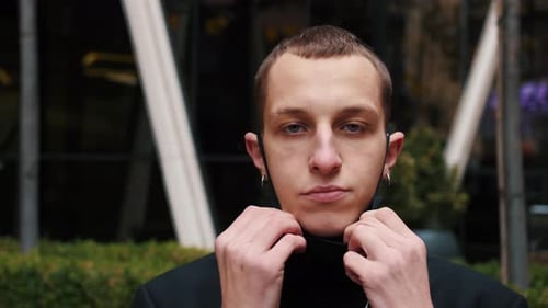 Portrait Man Wearing Protective Face Mask Look at Camera COVID-19 Coronavirus Infection Near Airport