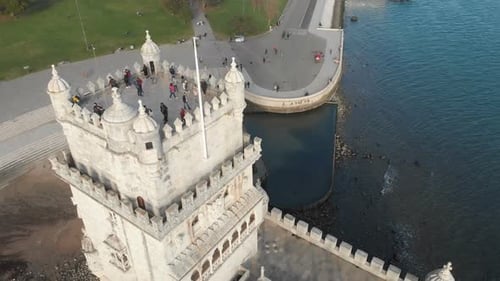 Aerial Drone View of Belem Tower in Lisbon Portugal