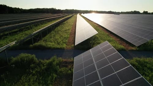 Vista aérea de un parque solar en el campo verde al atardecer Paneles solares en fila