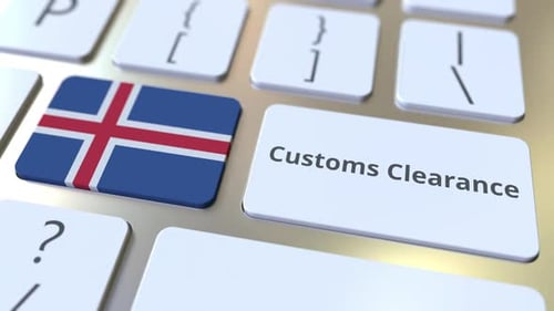 CUSTOMS CLEARANCE Text and Flag of Iceland on the Keyboard