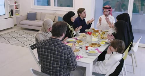 Eid Mubarak Muslim People Praying Before Iftar Dinner