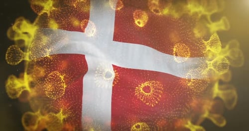 Denmark Flag With Coronavirus Microbe Centered