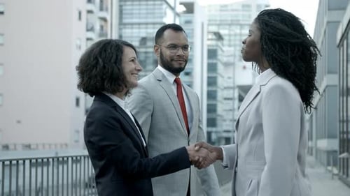 Smiling Business People Meeting on Street