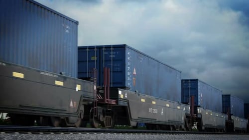 Animated Freight Train with Cargo Containers on Railway