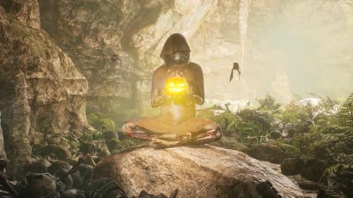 Mysterious Halloween Cave Scene with Hooded Figure and Glowing Jack-o'-lantern