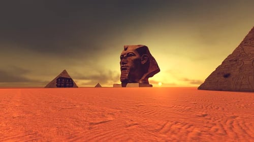 Egyptian Desert Landscape with Ancient Pyramids and Sphinx Head