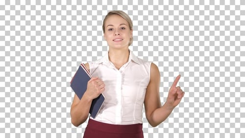 Beautiful teacher with notebooks explaining, Alpha Channel