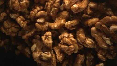A Group Of Walnuts Nuts Is Falling In The Air In High Speed On Black Background A Top View