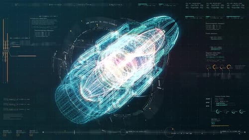 Futuristic Holographic HUD Display with Rotating Spaceship Engine Wireframe