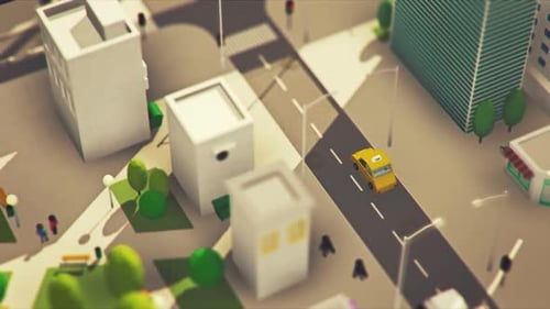 Aerial view of the low poly cityscape. The camera is following a taxi car.