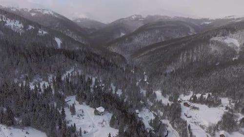 Aerial View Flying Over Forests in the Mountains in Wintertime