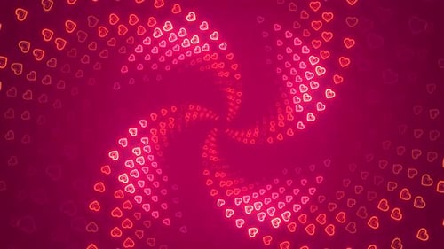 Abstract red background of flying luminous hearts in a spiral