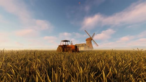 Agricultural Landscape with Tractor and Windmill Scene