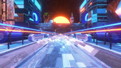 Futuristic Cyberpunk Tunnel Travel Through Neon Space