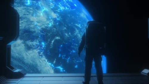 Astronaut Overlooking Blue Glowing Earth from Spaceship