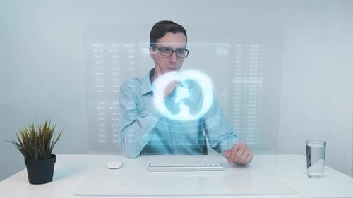 Scientist Analyze the Patient's Medical Situation By Checking on a Glass Monitor with a Futuristic
