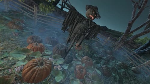 Halloween Night: Animated Scarecrow in Pumpkin Patch