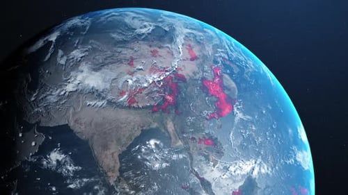 Animation de la planète Terre qui tourne et des pays qui deviennent rouges à travers des cercles