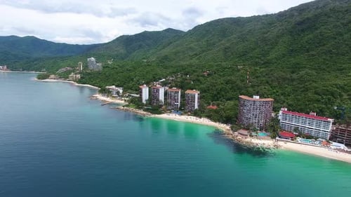 Aerial View of Tropical Beachfront with Hotels