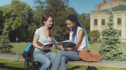 Two Students Studying Together on College Campus