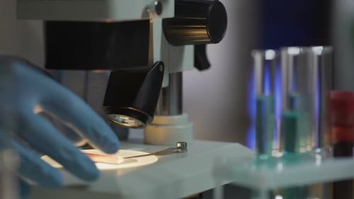 Laboratory Assistant Removing Samples From Microscope Stage, End of Work Day