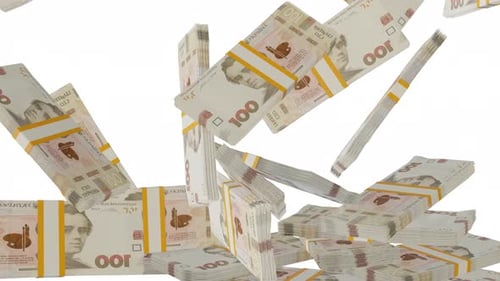 Many wads of money falling on table. 100 Ukrainian hryvnia banknotes. Stacks of money.